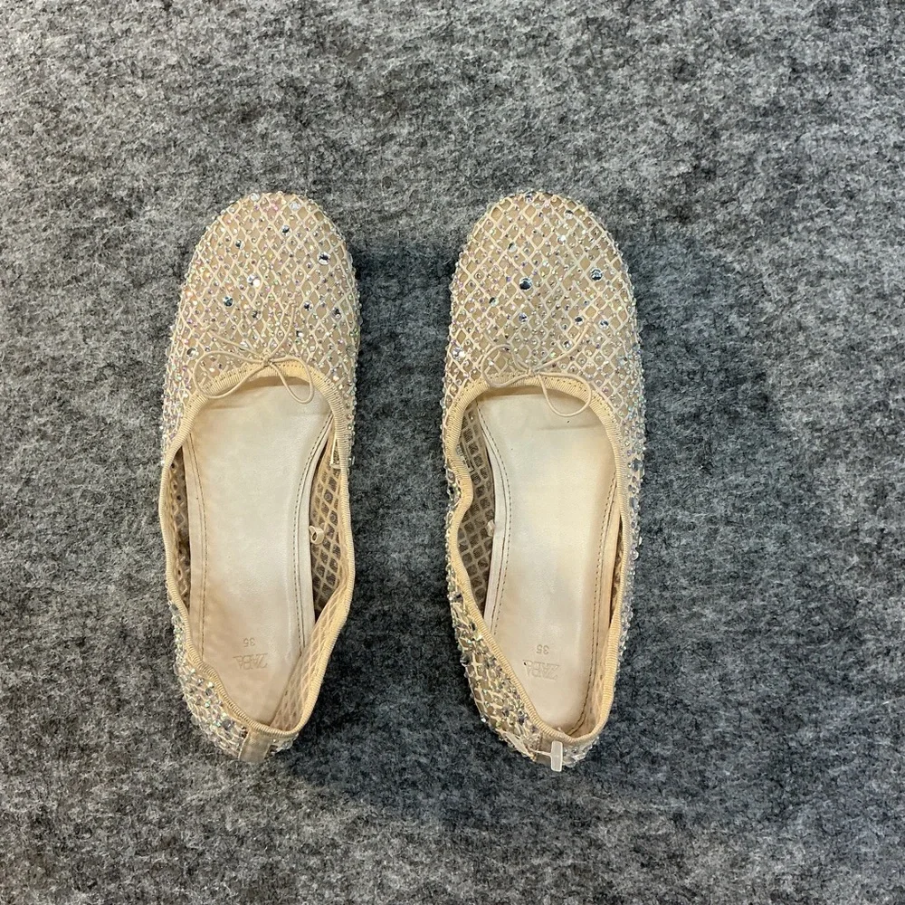 Zara Beige Bedazzled Fishnet 90s Trendy Ballet Flats With Bow Detail Size 35 - Picture 1 of 4